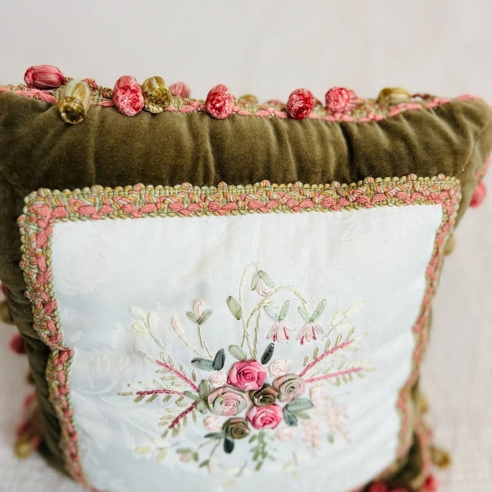 13”x13” decorative pillow hand-stitched ribbon.